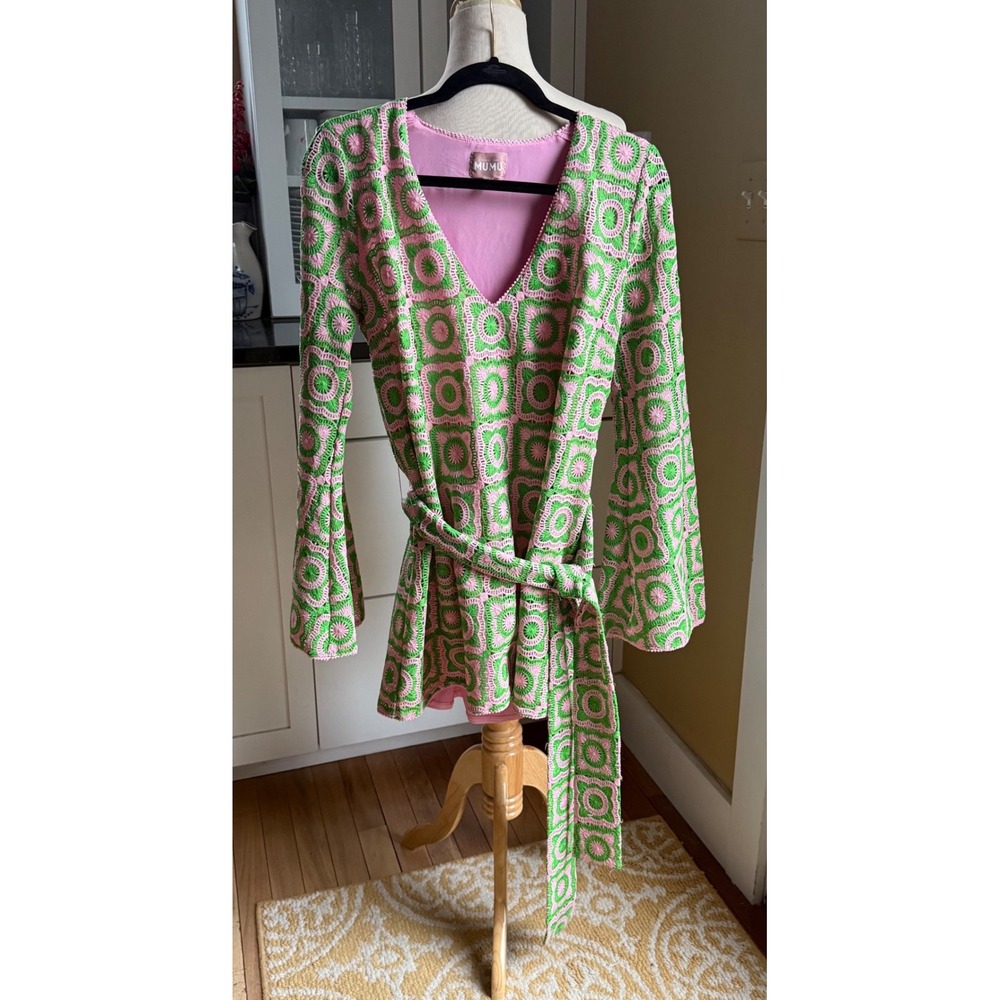 Show‎ Me Your Mumu Pink Green Crochet Mini Dress Bell Sleeve V-Neck Medium USA